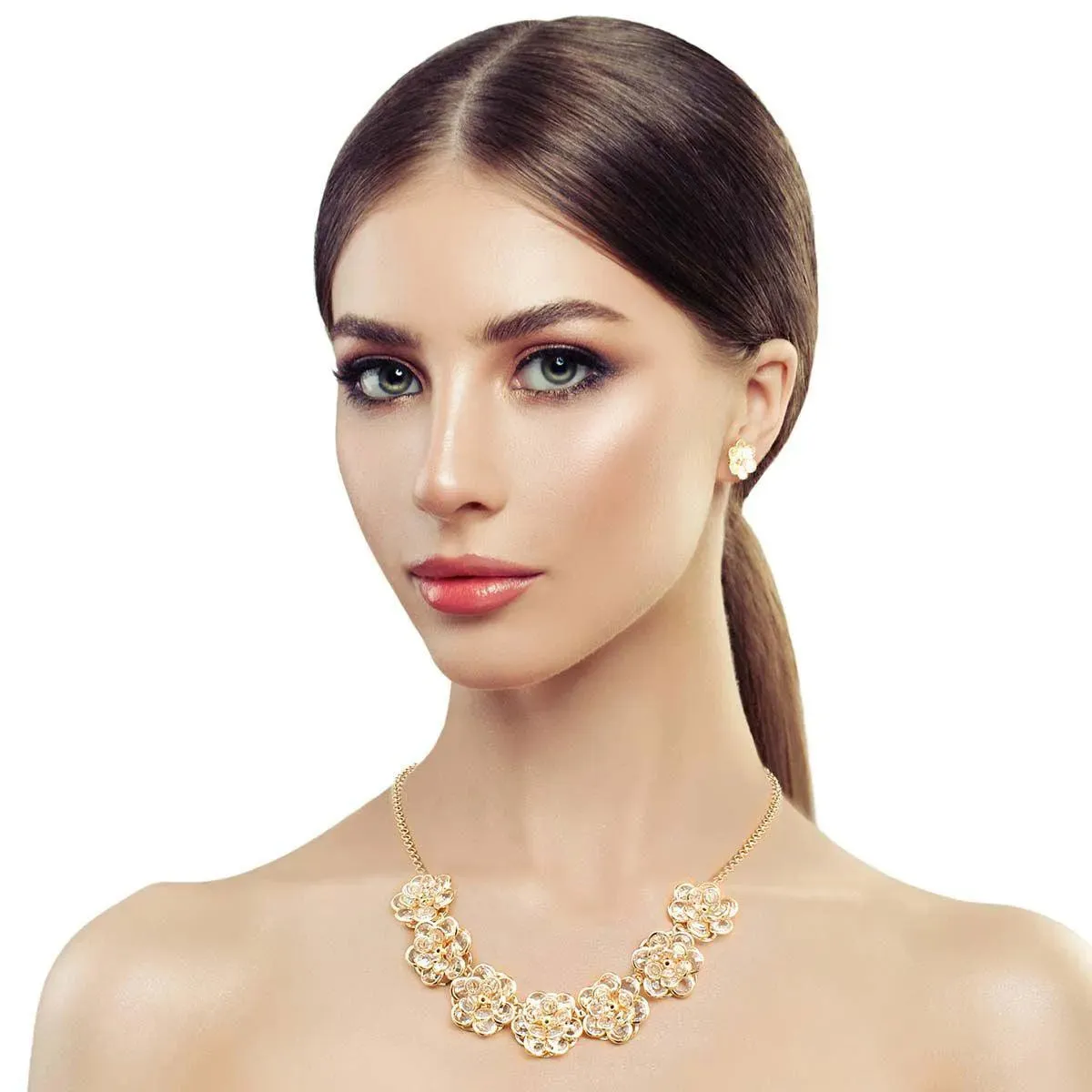 Open Gold Color Blooms Dimensional Floral Necklace Set