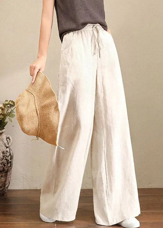 Orange Elastic Waist Linen Straight Pants Solid Color Drawstring Summer