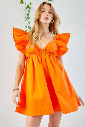 Orange Ruffle Detail Tie Back Poplin Dress