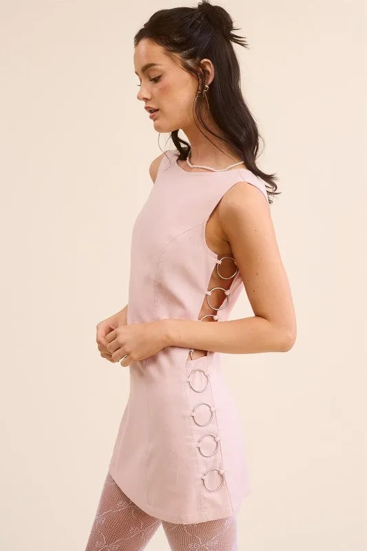 Pale Pink Side Cut Out Mini Dress With Unique Metal