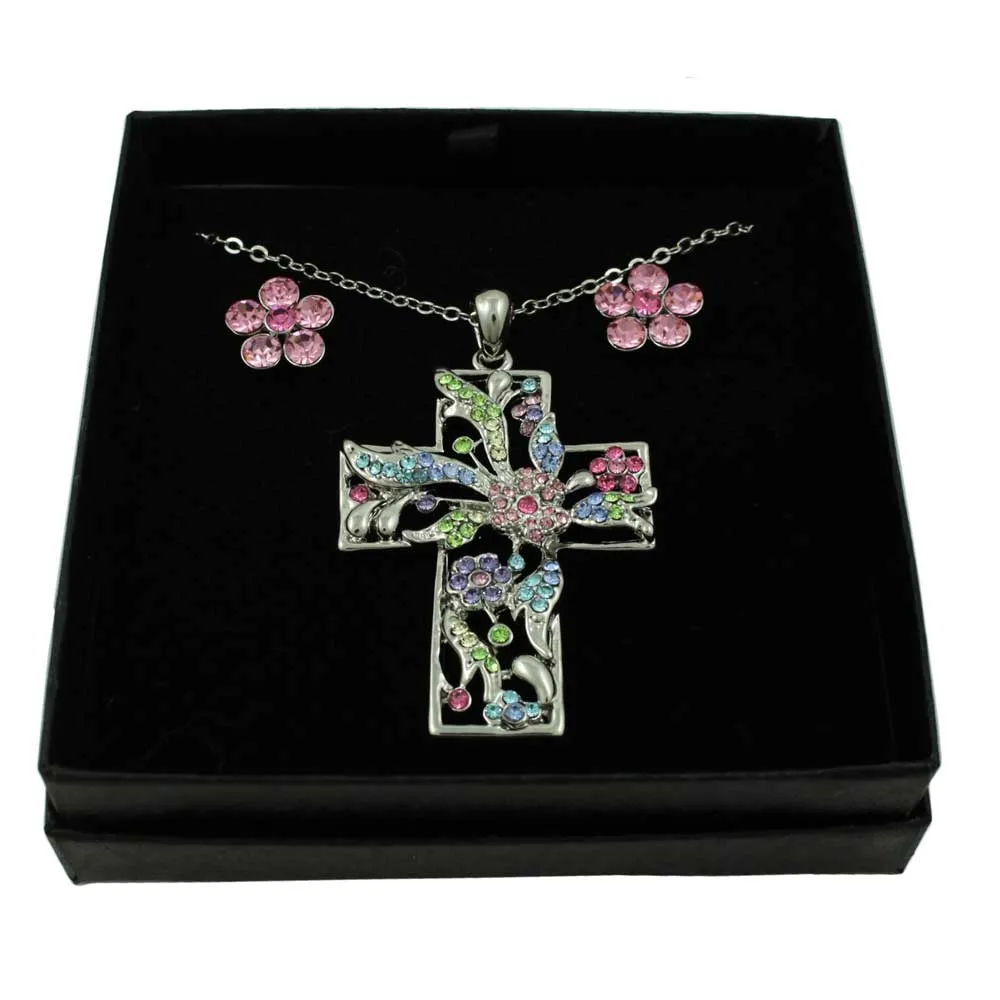 Pastel Floral Cross Necklace with Crystal Daisy Earring Set - PT520BS