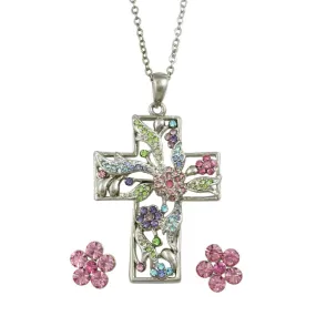 Pastel Floral Cross Necklace with Crystal Daisy Earring Set - PT520BS