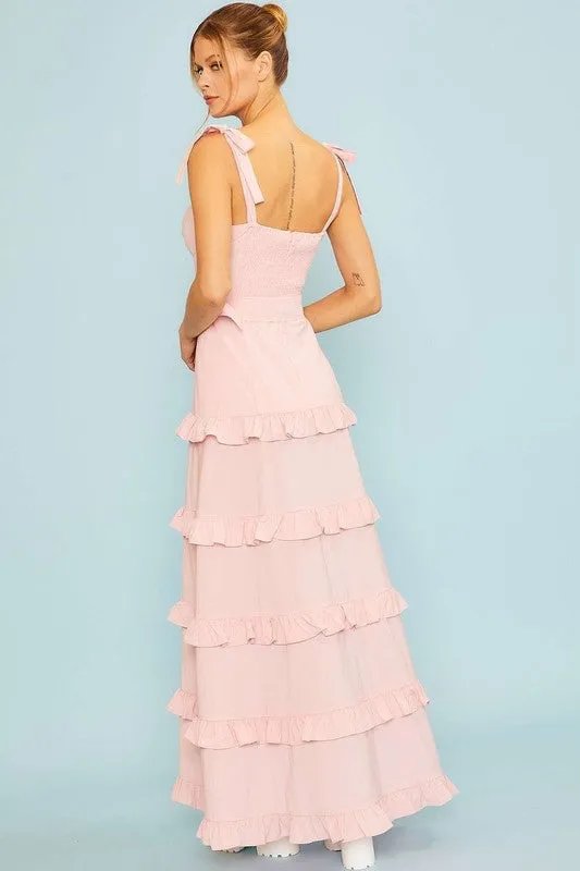 Pink Shoulder Self tie Edge Lace Belt Ruffle Maxi Dress