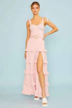 Pink Shoulder Self tie Edge Lace Belt Ruffle Maxi Dress