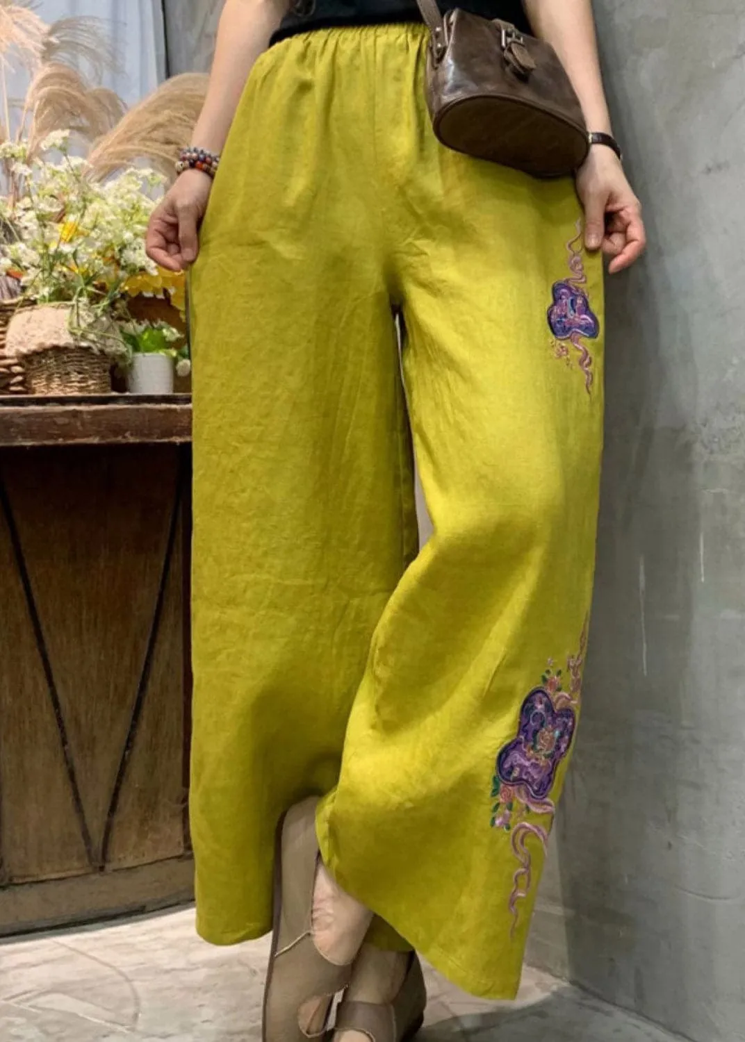 Plus Size Yellow Embroideried Linen Wide Leg Pants Summer