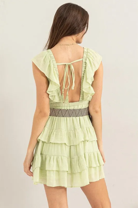 Sage Open Back Tiered Mini Dress