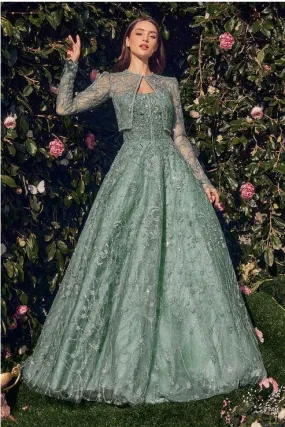 Sage Strapless Embroidered Ball Gown With Removable Jacket