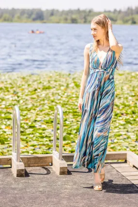 SALE Papillon PD16604 Blue Marble Print Grecian Maxi Dress