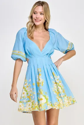 Sky Blue Solid Floral Contrast Dress