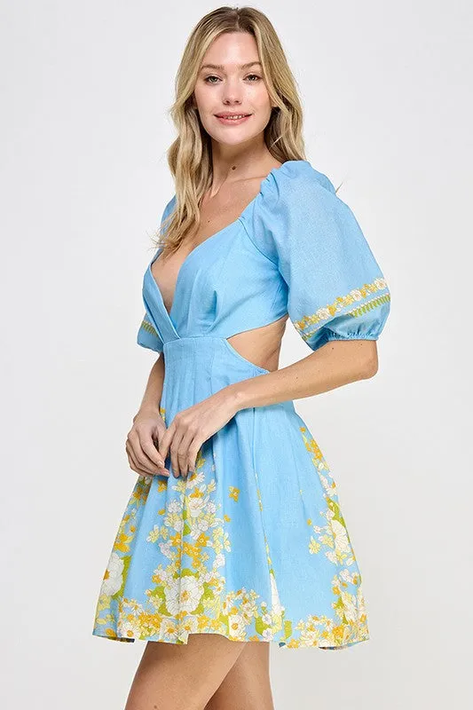 Sky Blue Solid Floral Contrast Dress