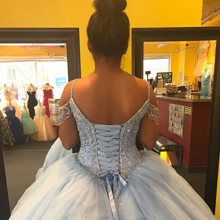 Spaghetti Strap Off The Shoulder Light Blue Ball Gown Quinceanera Dress