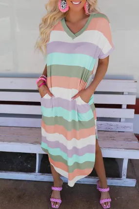 Striped Side Split Pockets V Neck T Shirt Midi Dress