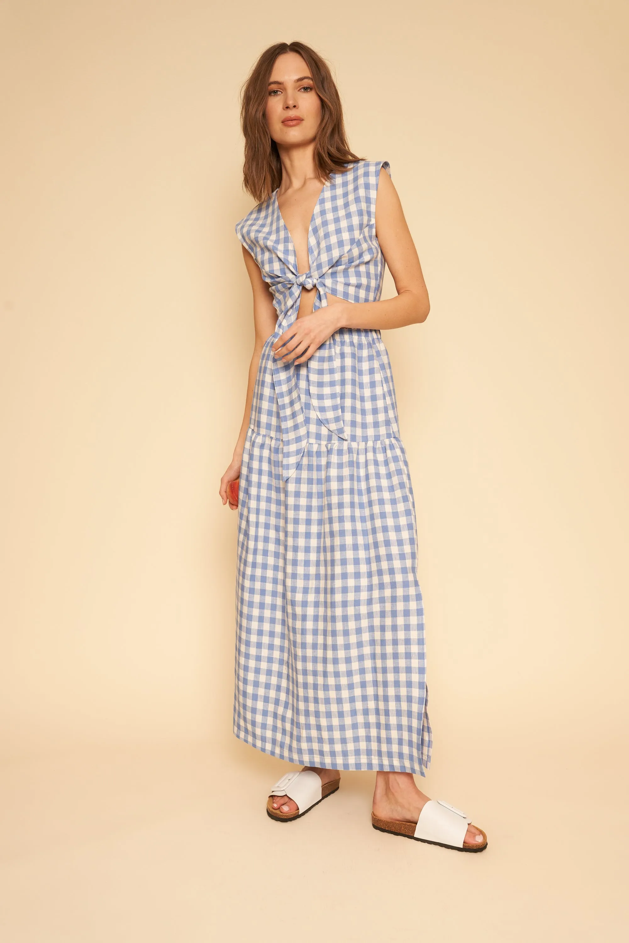 Valentina Top in Blue Gingham Linen