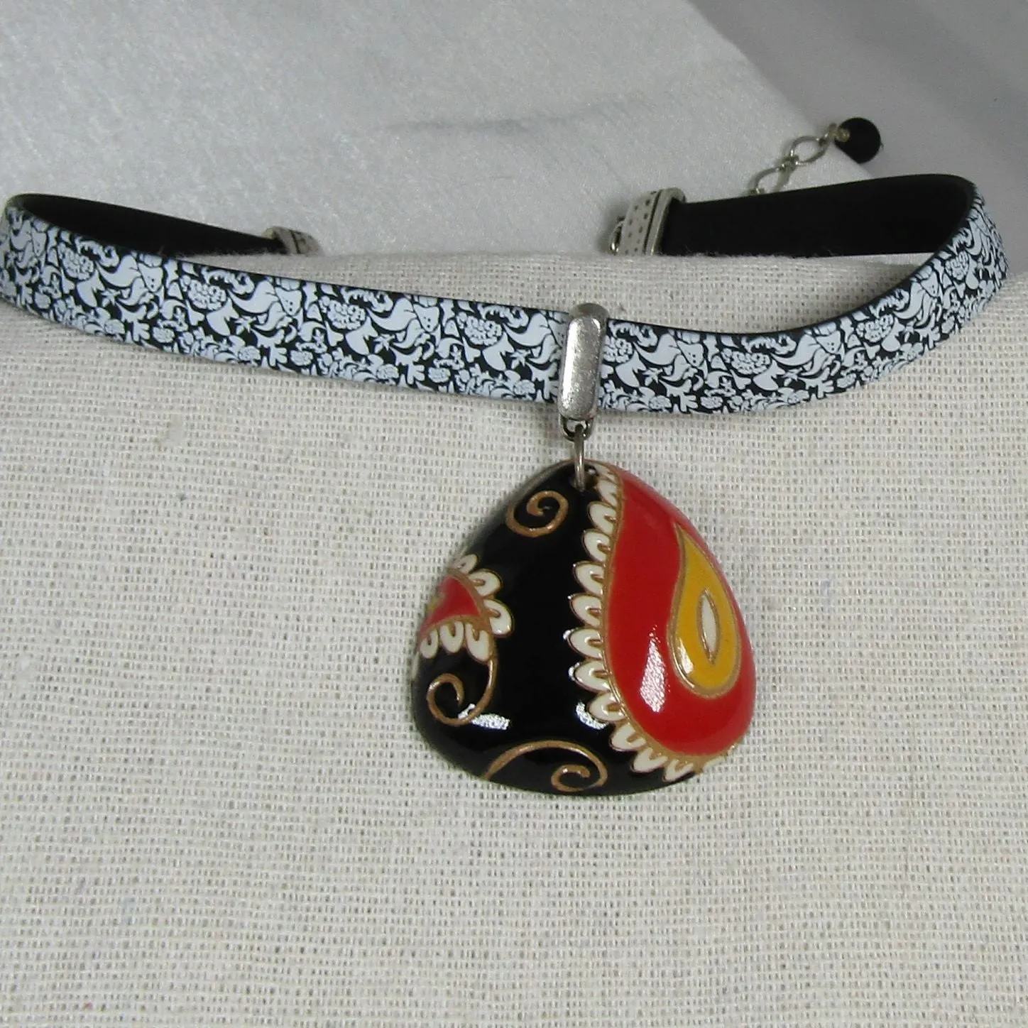 White & Black Ribbon Choker Necklace Black & Red Handmade Pendant