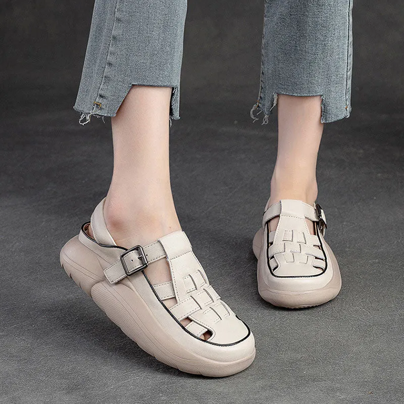 Women Handicraft Plaited Leather Soft Summer Crcos Platform Sandals