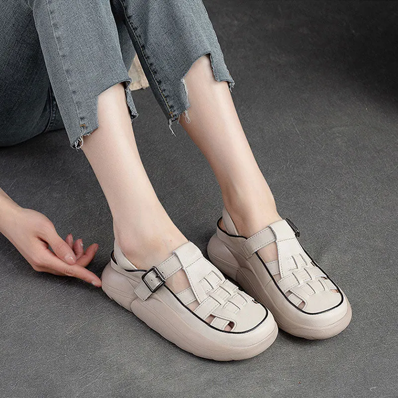 Women Handicraft Plaited Leather Soft Summer Crcos Platform Sandals