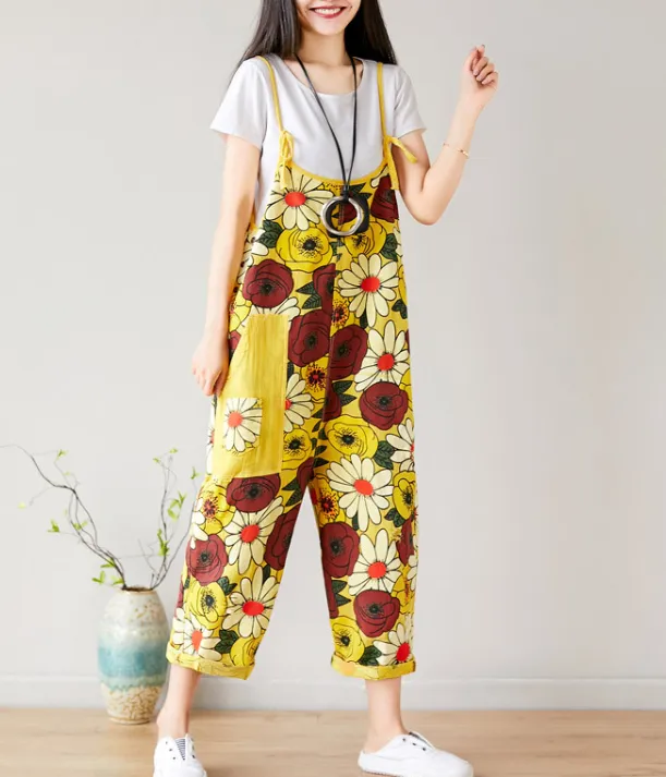 Yellow Floral Loose Denim Casual Spring Denim Overall Women Jumpsuits QY18