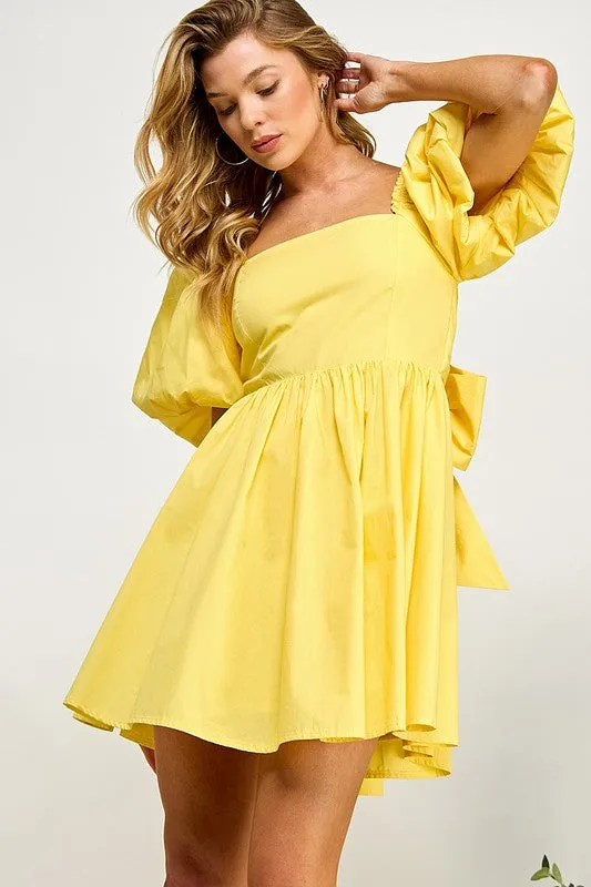 Yellow Puffled Balloon Sleeve Tie Back Dress