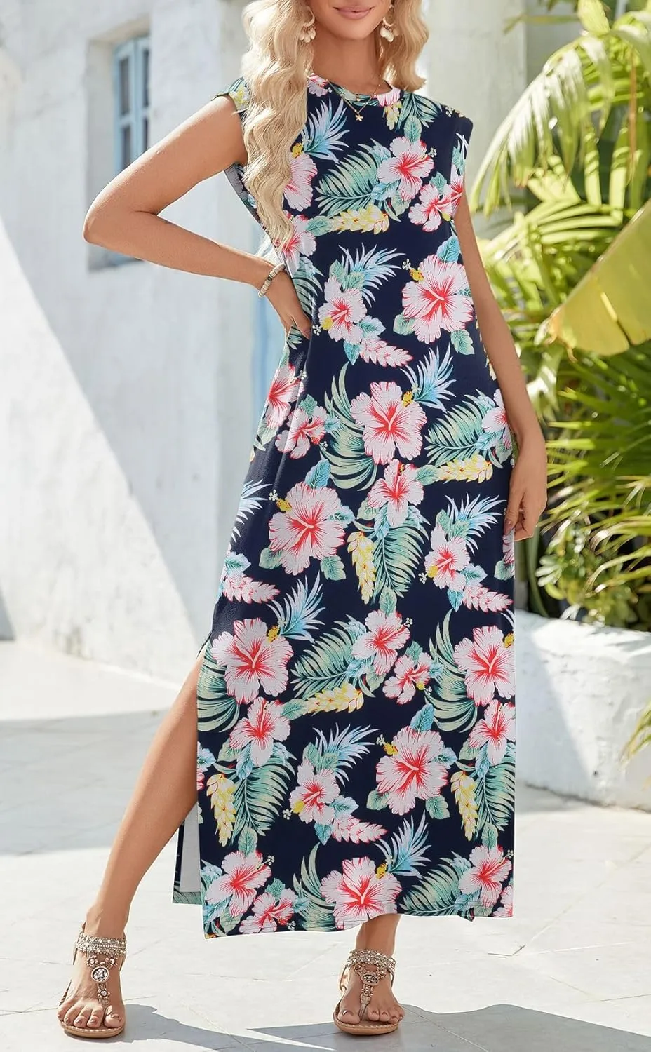 Zeagoo Women Floral Maxi Dress Summer Casual Sleeveless Sundress