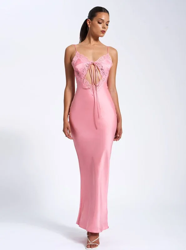 Zinnia Salmon Pink Satin Lace Maxi Dress