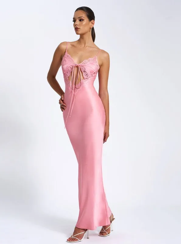 Zinnia Salmon Pink Satin Lace Maxi Dress