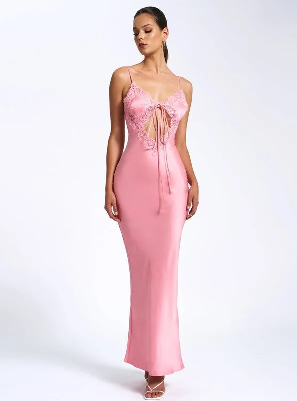 Zinnia Salmon Pink Satin Lace Maxi Dress