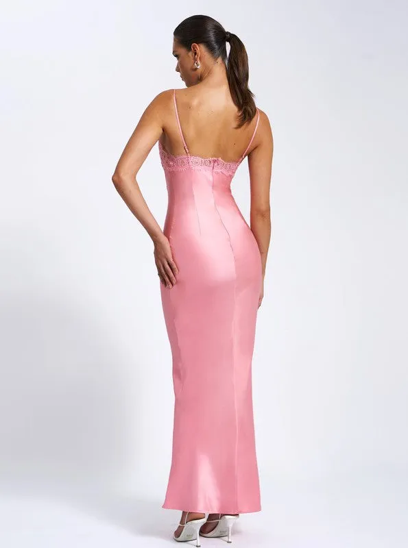 Zinnia Salmon Pink Satin Lace Maxi Dress